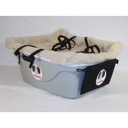 FidoRido tan two-seater with light-weight fleece in red with black paw prints and two small harnesse dog kennel