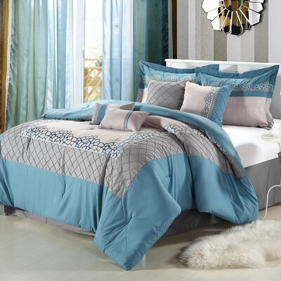 Mustang 8 Piece Colette Comforter Set Color: Blue, Size: King