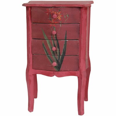 Distressed Red Floral 4 Drawer Nightstand