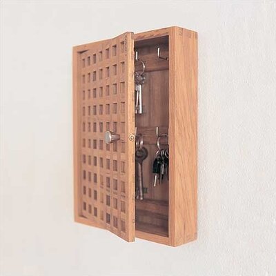 Modern Teak Key Box Cabinet with Lattice Grid Front Door