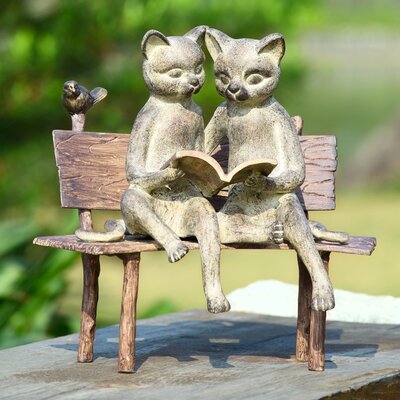Reading Cat on Bench Garden Statue