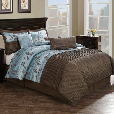 Monroe Chocolate Aqua Pleat Queen Comforters Set with 4 Bonus Pillows CS8249QN8-1300