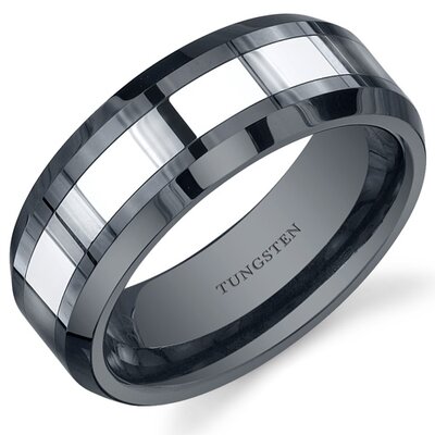 Beveled Edge 8mm Comfort Fit Mens Black Ceramic and Tungsten Combination Wedding Band Ring - Size: 12