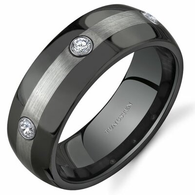3 Stone 8mm Comfort Fit Mens Black and Silver Tone Tungsten Wedding Band Ring - Size: 11