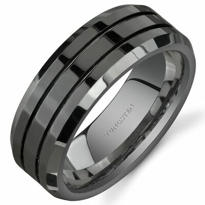 Beveled Edge Double Groove 8mm Comfort Fit Mens Black Tungsten Wedding Band Ring Size: 10.5