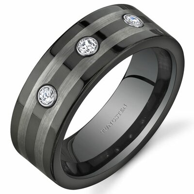 3 Stone 8mm Comfort Fit Mens Black and Silver Tone Tungsten Wedding Band Ring - Size: 11.5