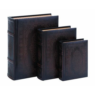 Benzara 55715 Smooth Leather Book Box Set With Floral decoration