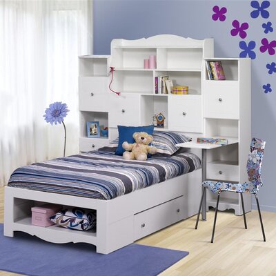 Pixel Twin Size Bed with Tall Bookcase Headboard in White