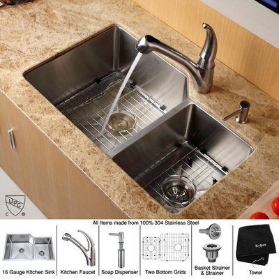 Kraus KHU123-32-KPF2110-SD20 32 Undermount Double Bowl Stainless Steel Kitchen Sink with Kitchen Faucet and Soap Dispenser