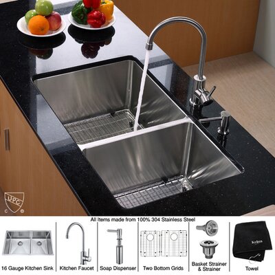 Kraus KHU103-33-KPF2160-SD20 33 Undermount Double Bowl Stainless Steel Kitchen Sink with Kitchen Faucet and Soap Dispenser