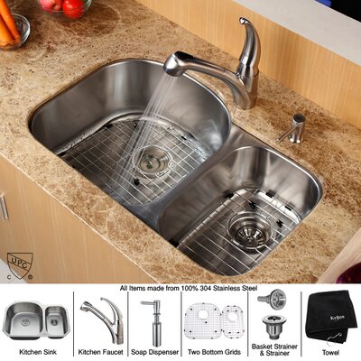 Kraus KBU23-KPF2110-SD20 32 Undermount Double Bowl Stainless Steel Kitchen Sink with Kitchen Faucet and Soap Dispenser