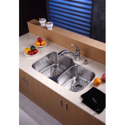 Kraus 32 Undermount 60/40 Double Bowl Kitchen Sink with 11 Faucet and Soap Dispenser