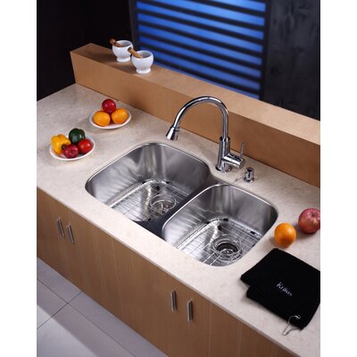 Kraus 32 Undermount 60/40 Double Bowl Kitchen Sink with 14.9 Faucet and Soap Dispenser