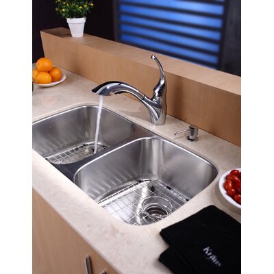 Kraus 32 Undermount 50/50 Double Bowl Kitchen Sink with 11 Faucet and Soap Dispenser