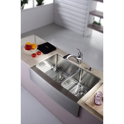 Kraus Stainless Steel 33 inch Farmhouse 70/30 Double Bowl Kitchen Sink and Straight Neck Kitchen Faucet with Soap Dispenser, Oil
