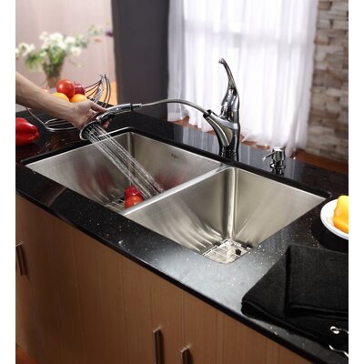Kraus 33 Undermount 70/30 Double Bowl Kitchen Sink with 11 Faucet and Soap Dispenser