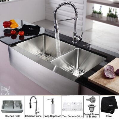 Kraus KHF203-36-KPF1612-KSD30CH Stainless Steel Farmhouse Kitchen Sink Chrome Faucet Dispenser