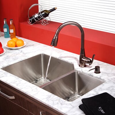 Kraus 32 Undermount Dbl Bowl Sink w/ Faucet + SD (KHU123-32-KPF2230-KSD30ORB)