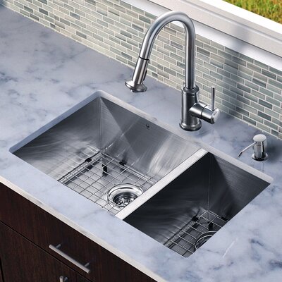 Vigo All-in-one Steel 29-inch Undermount Double Bowl Sink and Faucet Set