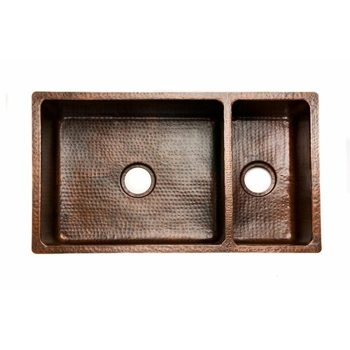 Premier Copper Products 33 Copper Hammered 75/25 Double Bowl Kitchen