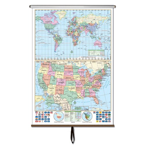 Universal Map U.S. and World Stacked Wall Map on Roller